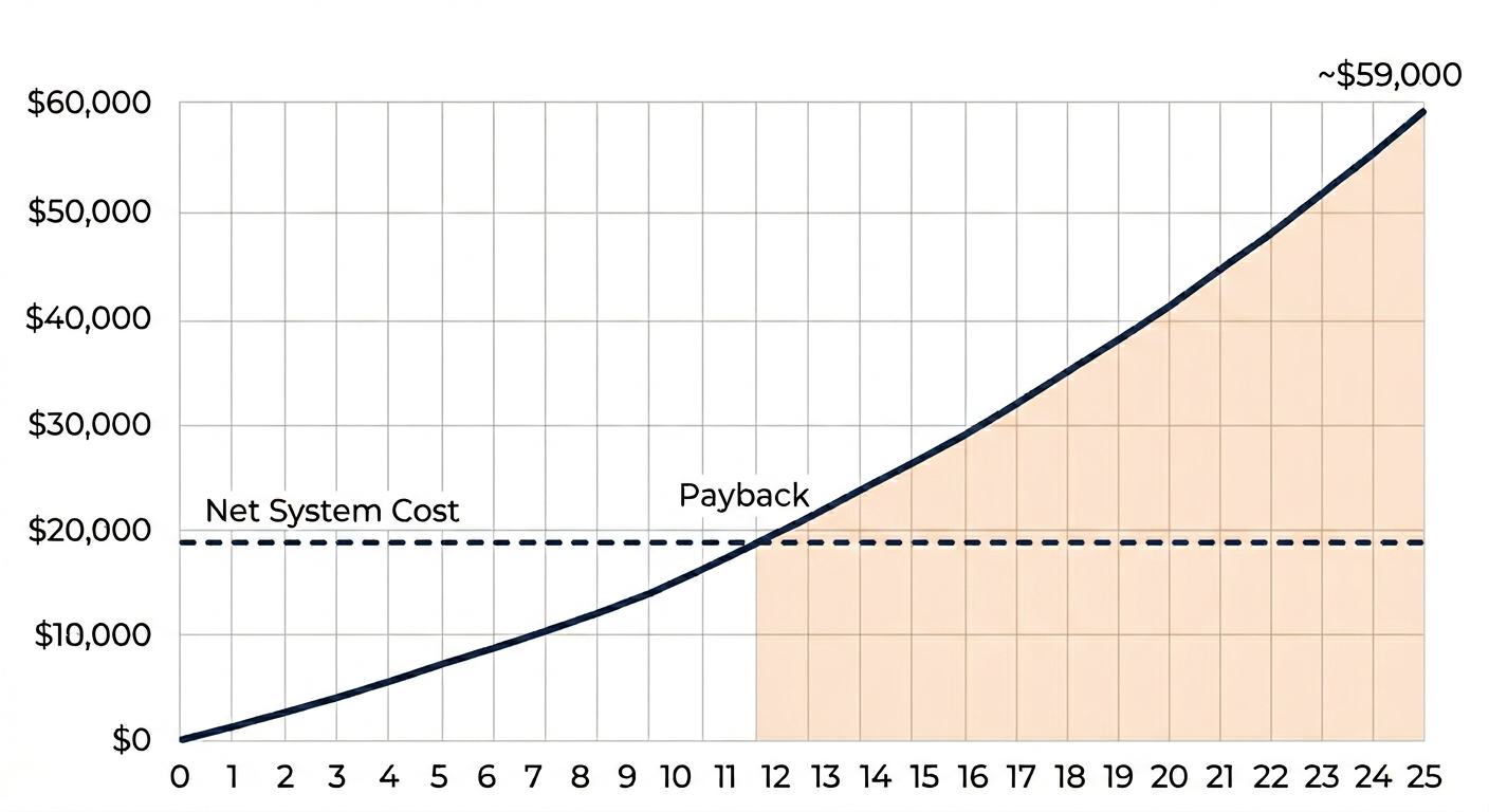 Line chart showing 25-year cumulative electricity savings for a 9 kW solar system in Minnesota, crossing the $18,900 net system cost at approximately year 12 and reaching $59,000 by year 25