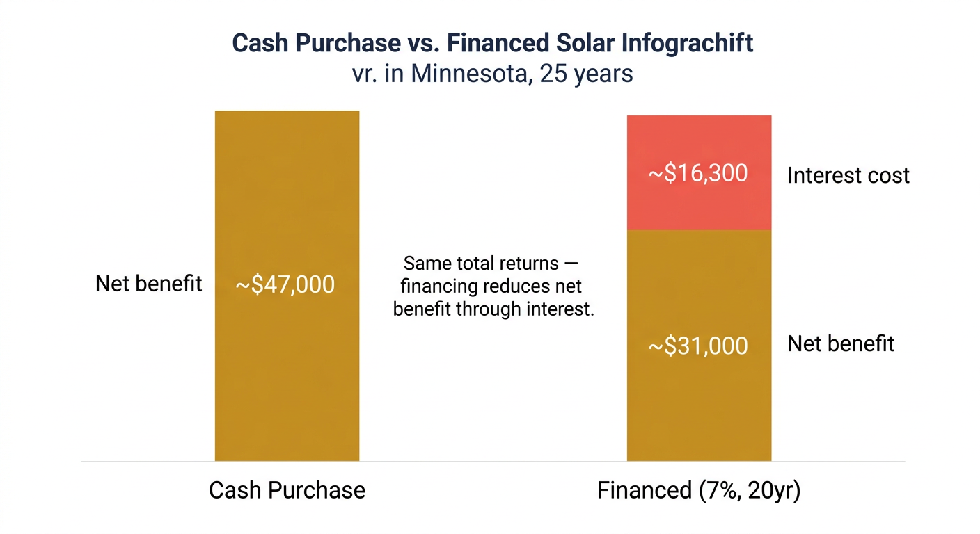 Bar chart comparing 25-year net benefit of cash purchase ($47,000) versus financed at 7% over 20 years ($31,000), showing $16,300 in interest cost reducing the financed benefit